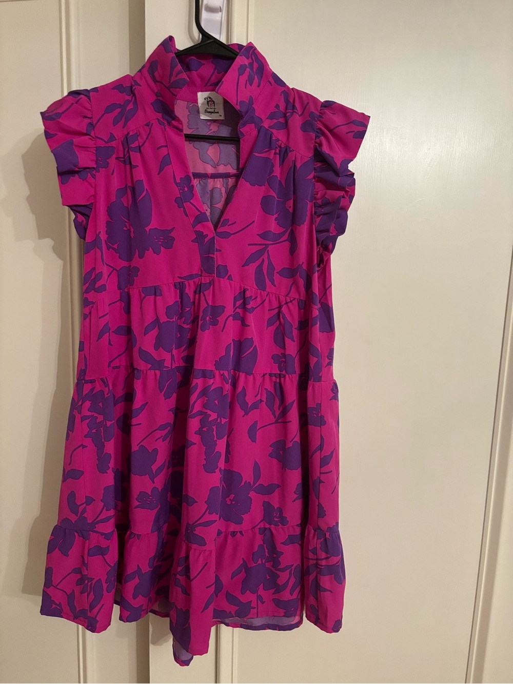 Bungalows Pink and Purple Tiered Flutter Sleeve Dress SzM